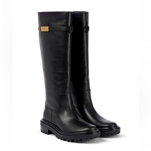 Tory Burch T-hardware Leather Riding Boots Lug Sole Knee High